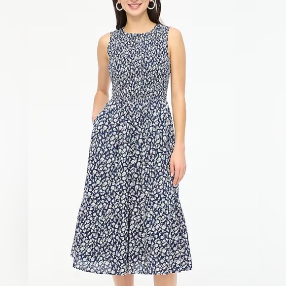 J. Crew Dresses & Skirts - J. Crew Sleeveless Smocked Midi Dress Navy Blue White Petite Medium MP NEW